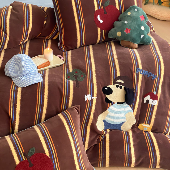 Plüsch Bestickter Samt-Feel Bettwäsche Set mit Cartoon Hund Applikation