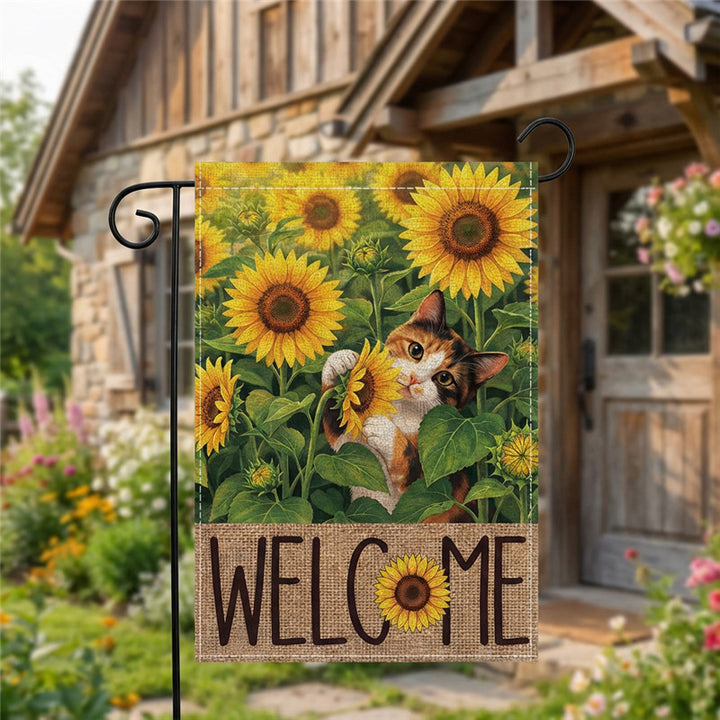 Dekorative Jute-Textur Gartenflagge mit Sonnenblume Katze Willkommen Design