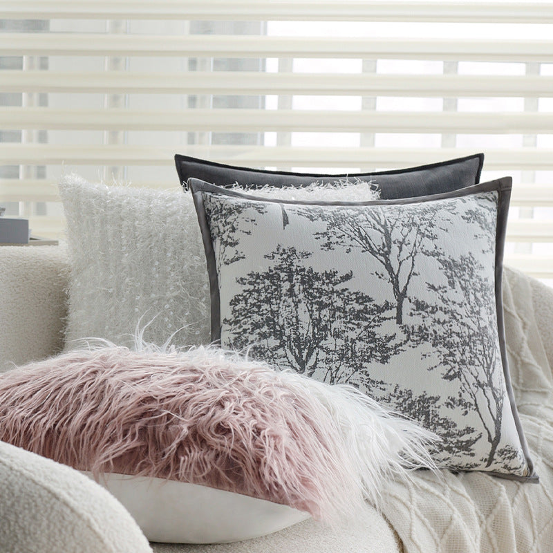 Quadratischer Zierkissenbezug mit fein gewebtem Baum‑Jacquard und samtiger Keder Karnz