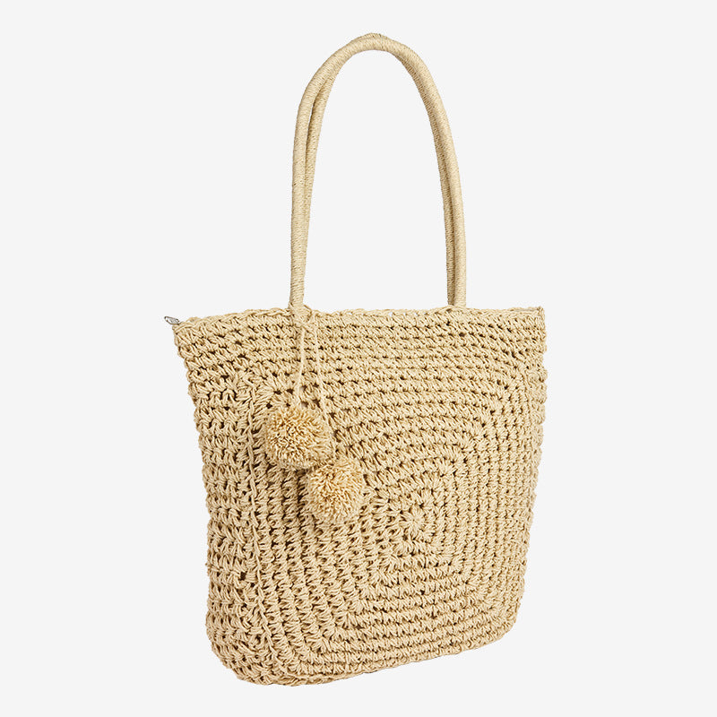 Damen Handgefertigte Basttasche mit verspieltem Pompon-Detail Karnz
