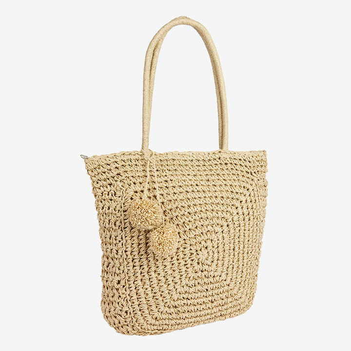Damen Handgefertigte Basttasche mit verspieltem Pompon-Detail Karnz