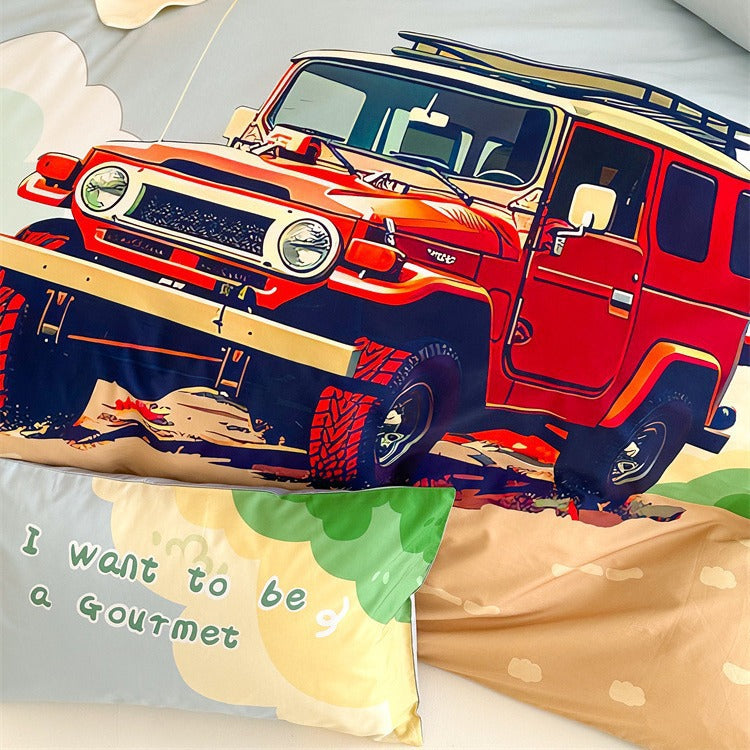Kinder-Bettwäschegarnitur mit Offroad-Jeep Abenteuerillustration und weichem Baumwollmix