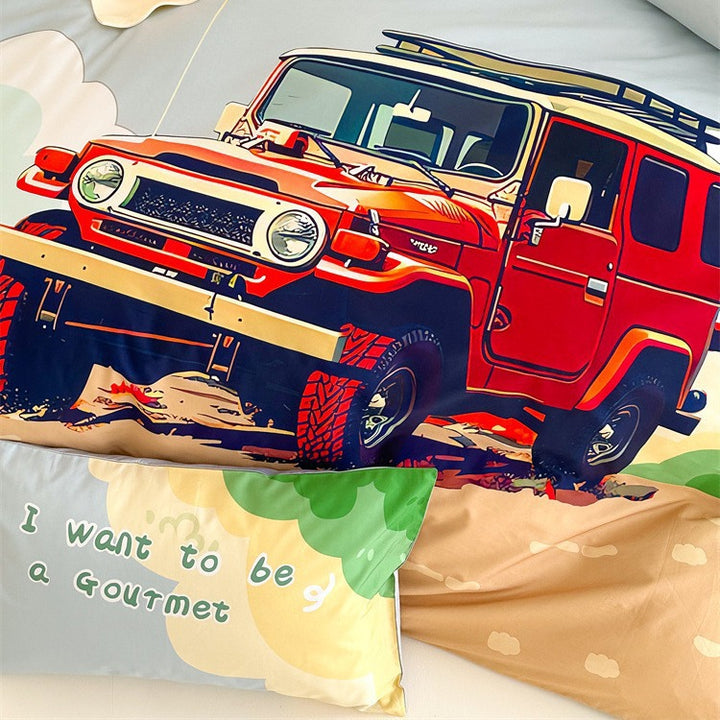 Kinder-Bettwäschegarnitur mit Offroad-Jeep Abenteuerillustration und weichem Baumwollmix