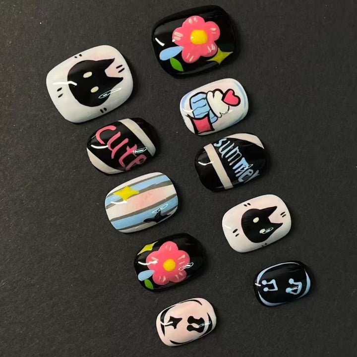 Künstlerisches katzenmotiviertes Press-On-Nagelkunstset Karnz