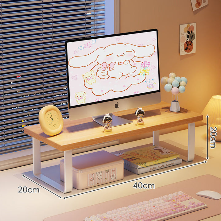 Kompakte Holz-Desktop-Monitorerhöhung mit Metallbeinen und unterer Ablagefläche