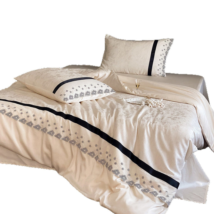 Jacquard-Satin-Bettbezugset mit besticktem Blumenrand und kontrastierendem Satinbandbesatz