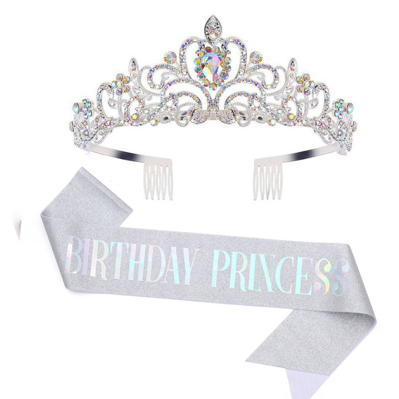 Damen Glitzernde Prinzessinnenkrone mit Birthday Princess Schärpe Karnz