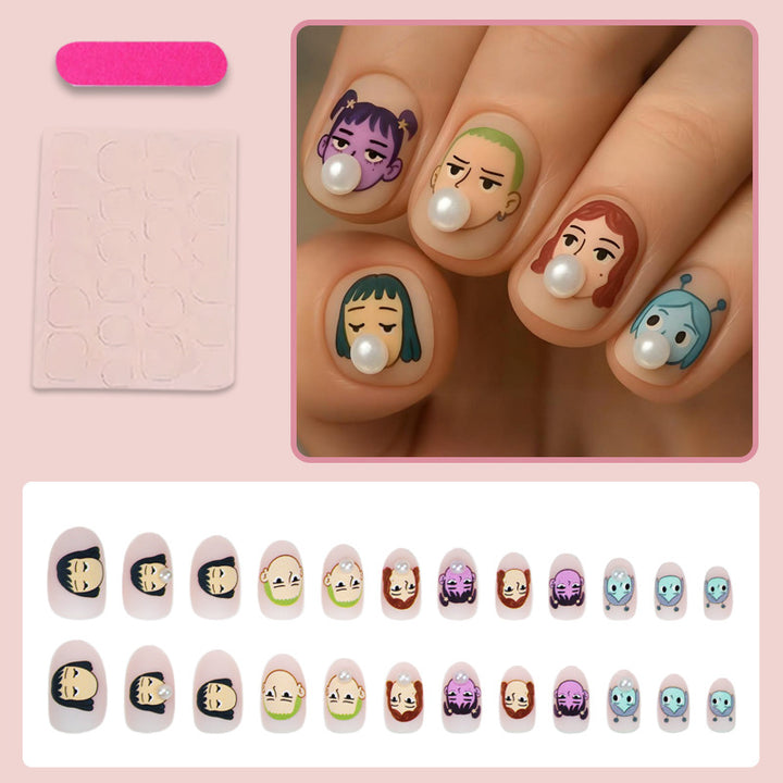 Kunstnagelset mit kreativen Charaktermotiven und eleganten Perlenakzenten Karnz
