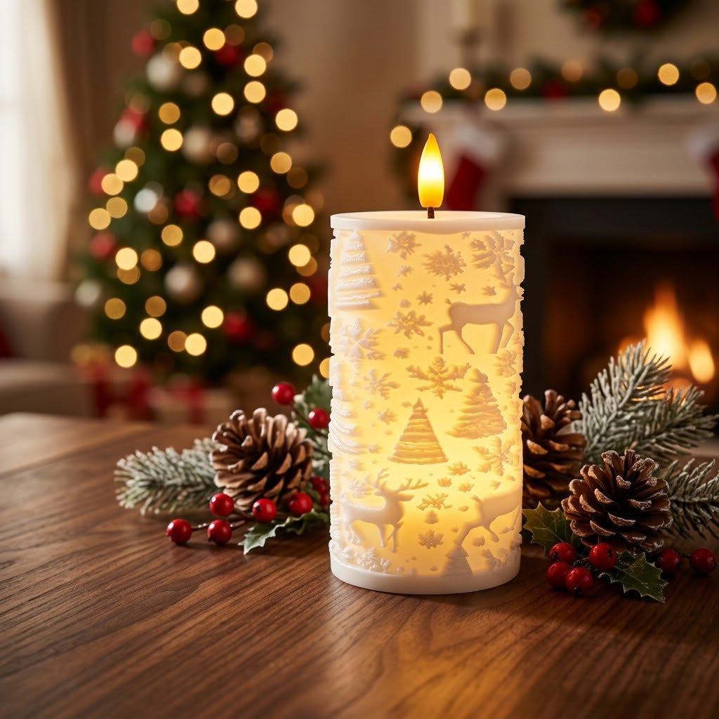 LED Weihnachtskerze mit festlichem Design