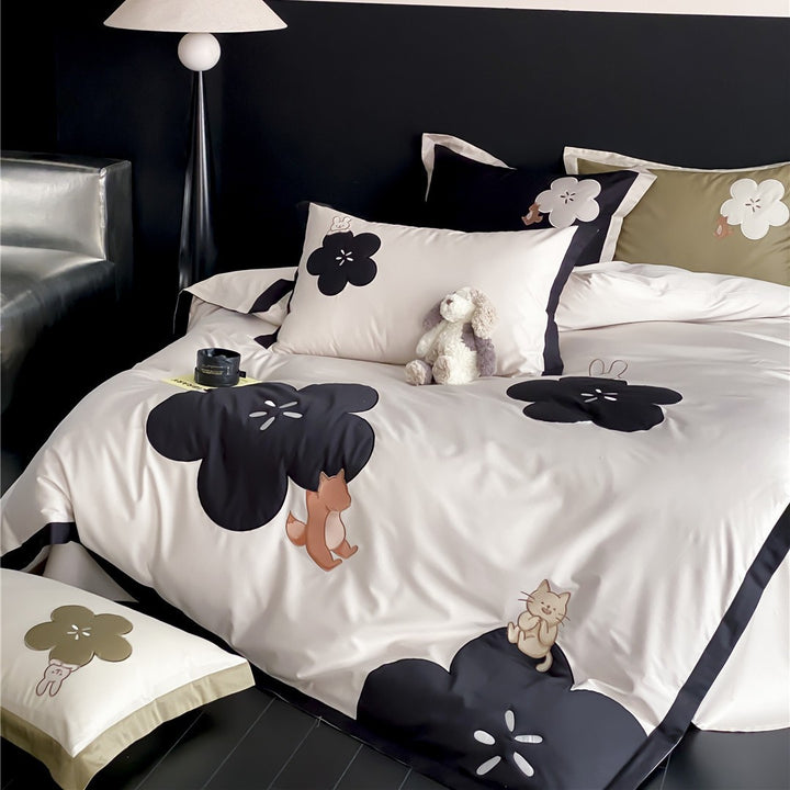 Baumwoll-Satin Bettbezug Set mit bestickter Fuchs und Katze Applikation