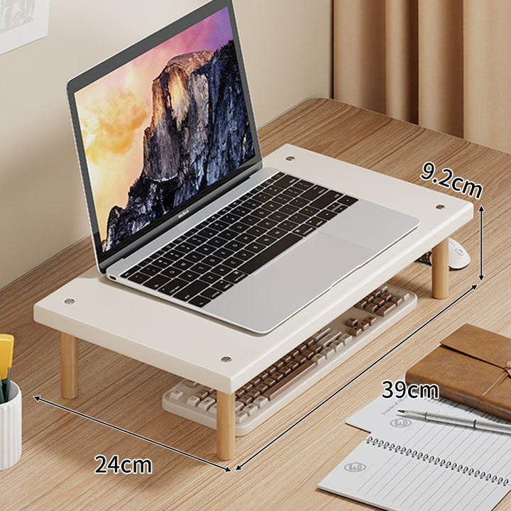Kompakte Desktop-Laptop- und Monitorerhöhung mit Untertischstauraum und Holzbeinen