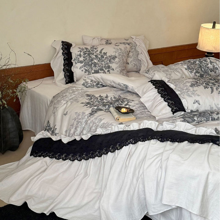 Rüsch Toile Blumen Bettbezug Set mit Spitzenbesatz Betthimmel & Dekokissen