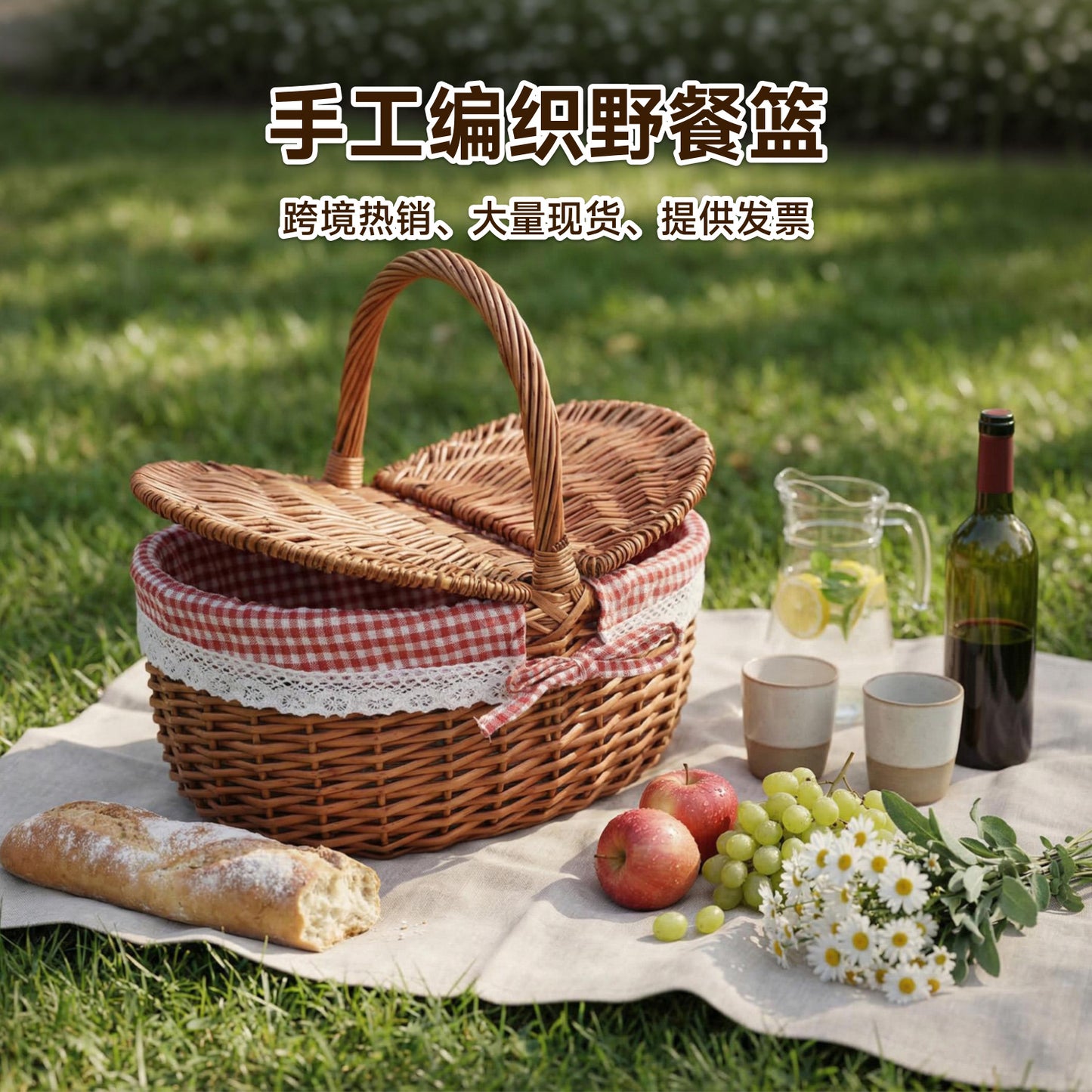 Damen geflochtener Picknickkorb mit romantischem Gingham-Futter Karnz