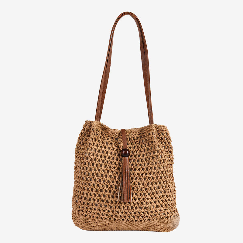 Damen Henkeltasche aus handgearbeitetem Makramee mit stylischem Lederriemen Karnz