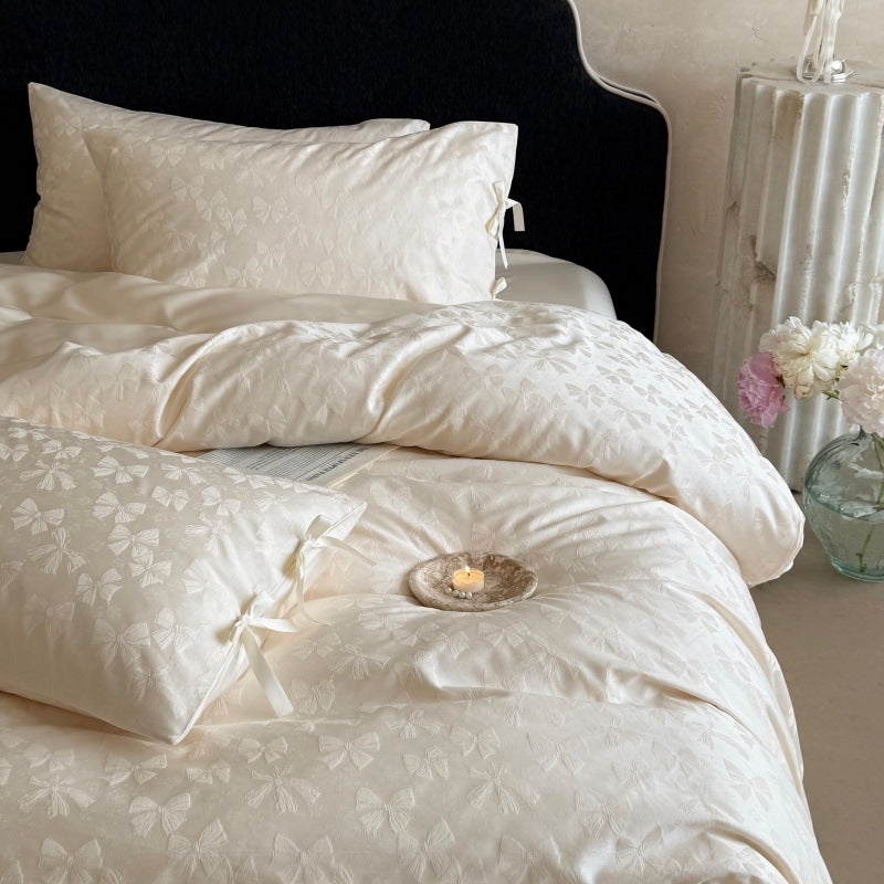 Jacquard Florales Knotenverschluss Bettbezug Set mit Satineinbettlaken und Bändchen