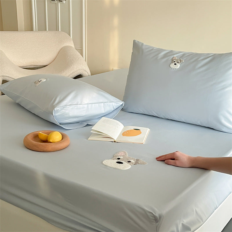 Besticktes Panda-Satin-Kissenbezug- und Spannbettlaken-Set