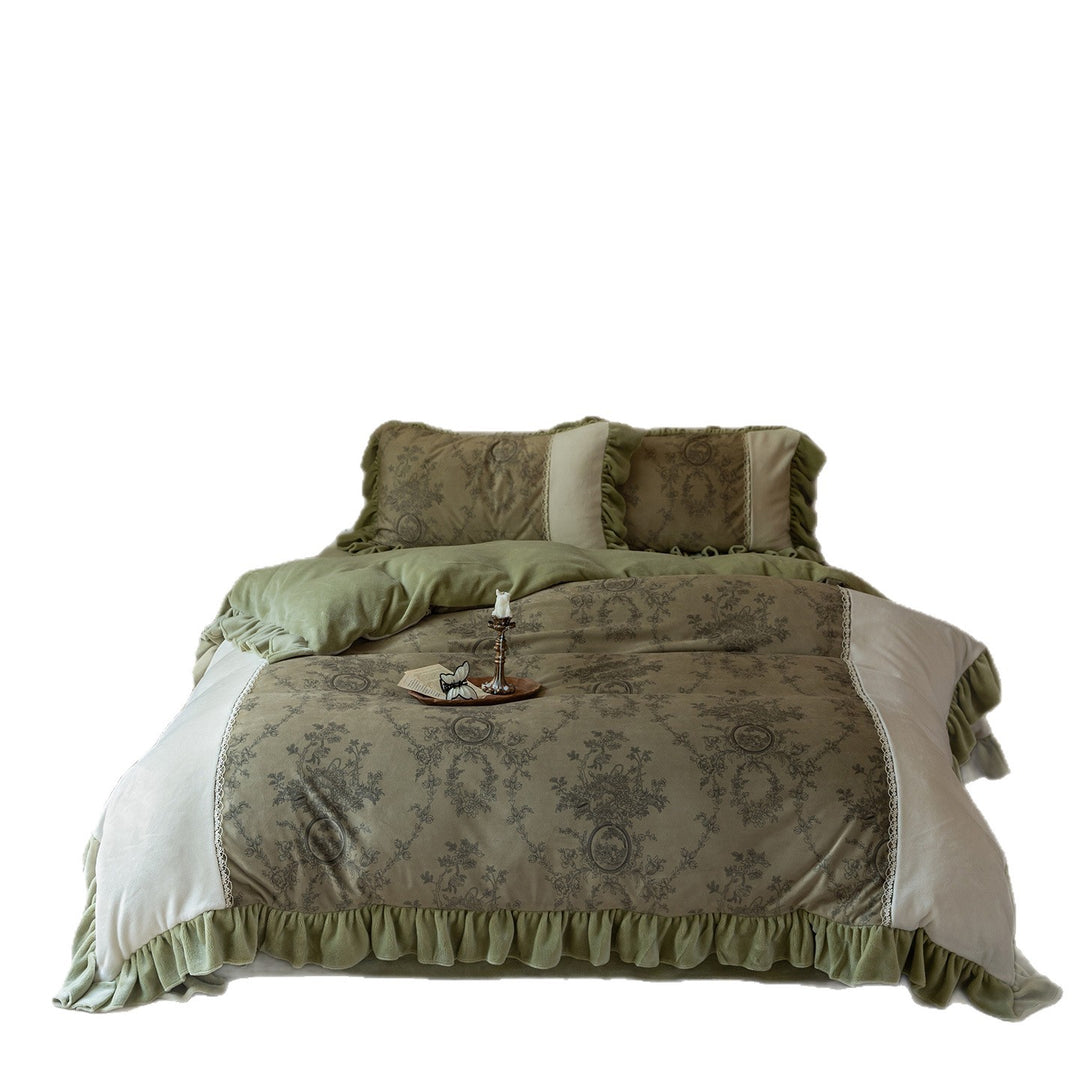 Ruffled Toile Jacquard Cotton-Linen Duvet Cover Set with Pillow Shams and Lace Trim
