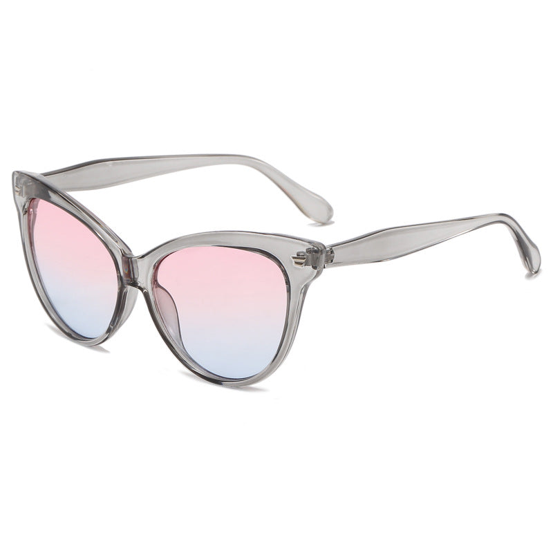 Damen modische Cat-Eye Sonnenbrille mit transparentem Rahmen und blauen Gläsern Karnz