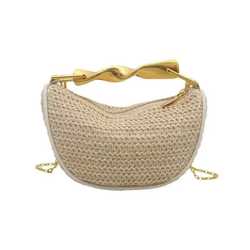 Damen Handtasche aus geflochtenem Material mit goldfarbenem Tragegriff Karnz