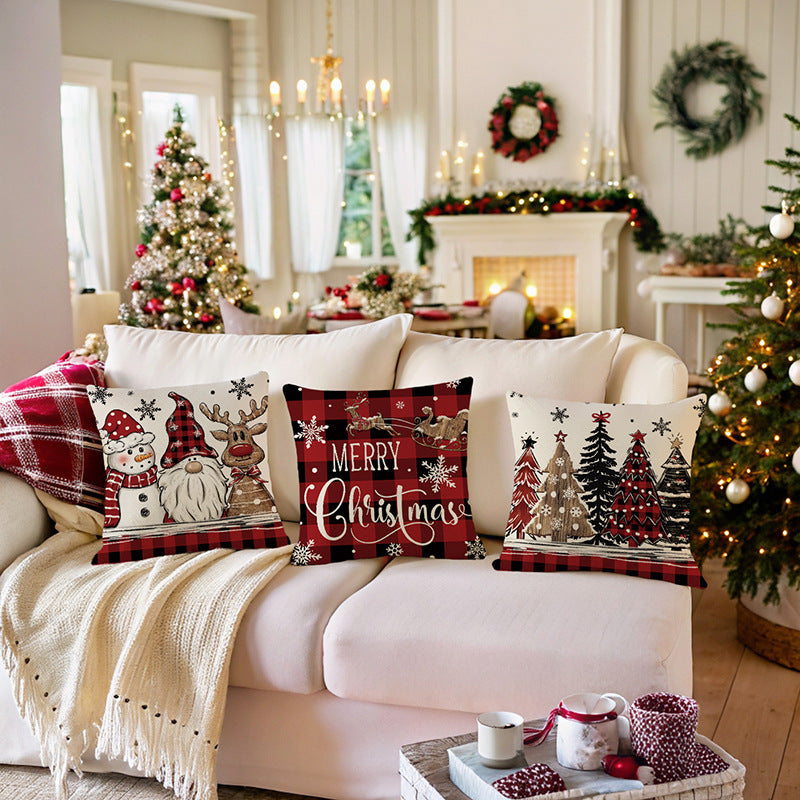 Festive Buffalo Plaid Quadrat Wurfkissenbezug mit 'Let It Snow' Schneemann Druck und verstecktem Reißverschluss