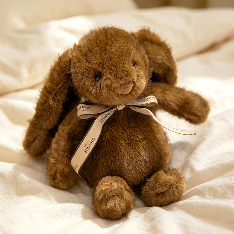 Squat Plush Bunny Cuddle Doll mit langen hängenden Ohren, gewichtetem Boden und Grosgrain-Band Karnz
