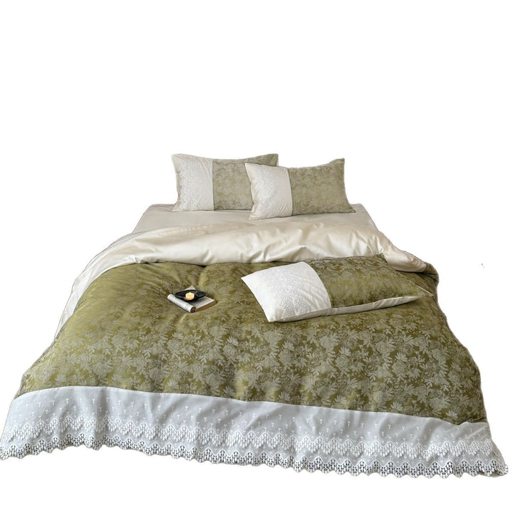 Wendbare botanische Jacquard Bettwäsche mit Spitzenbesatz Satinbettlaken und bestickten Euro-Kissenbezügen