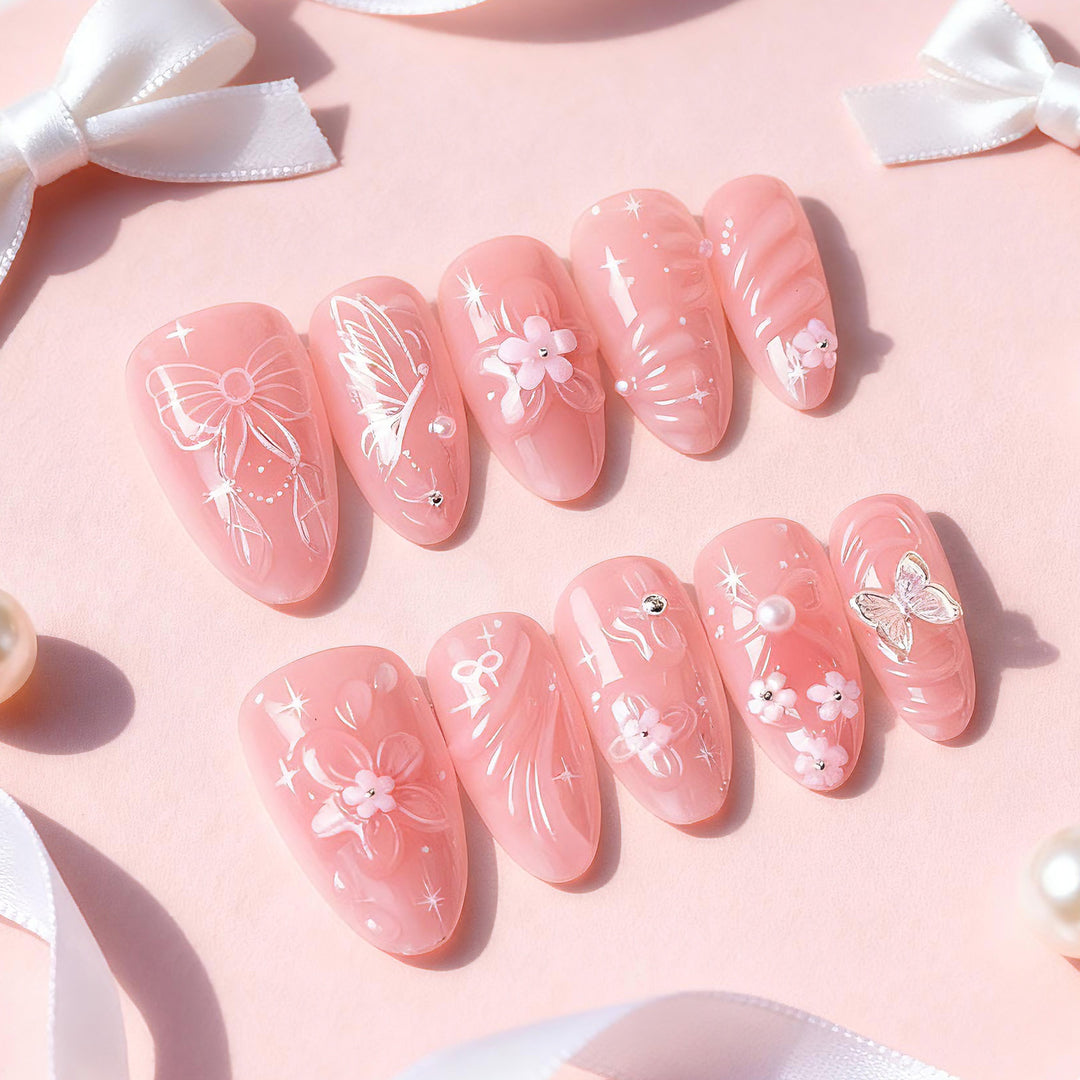 Blumen- und Schleifen-verzierte Press-On Nagelkunst-Set Karnz