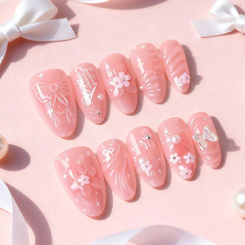 Blumen- und Schleifen-verzierte Press-On Nagelkunst-Set Karnz