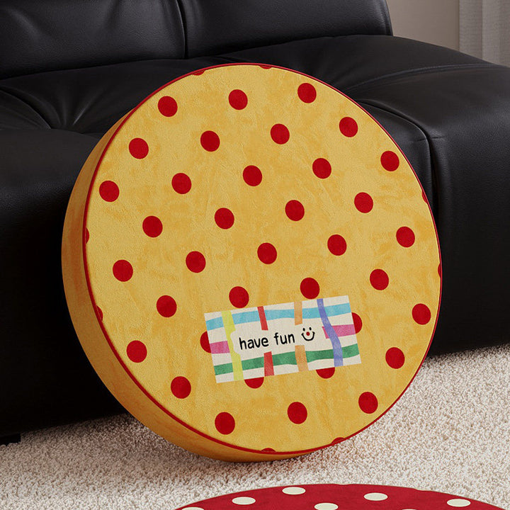 Round Plush Floor Cushion Pouf with Polka Dot Texture and Playful Have Fun Patch