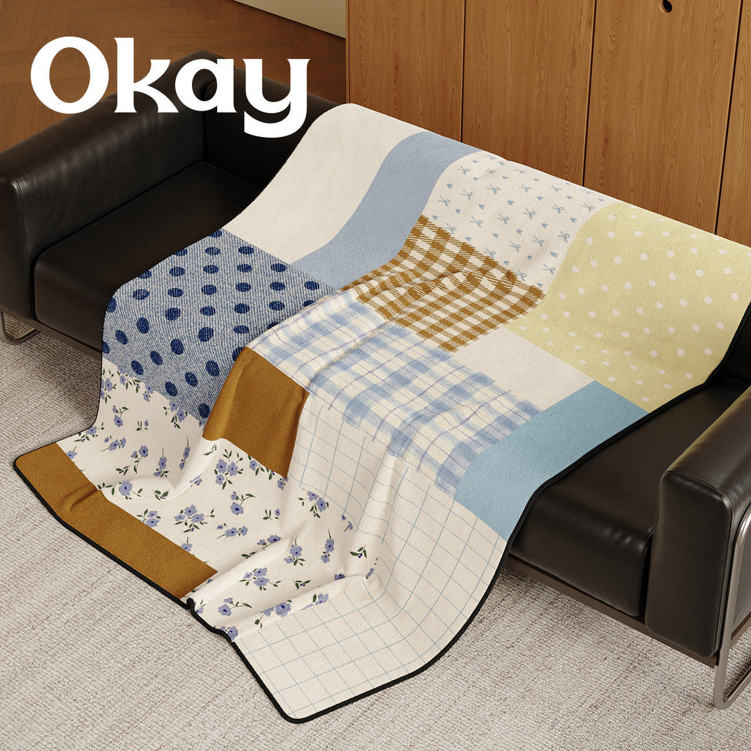 Reversible Patchwork Plush Throw Blanket with Mixed Plaid Stripes and Floral Panels