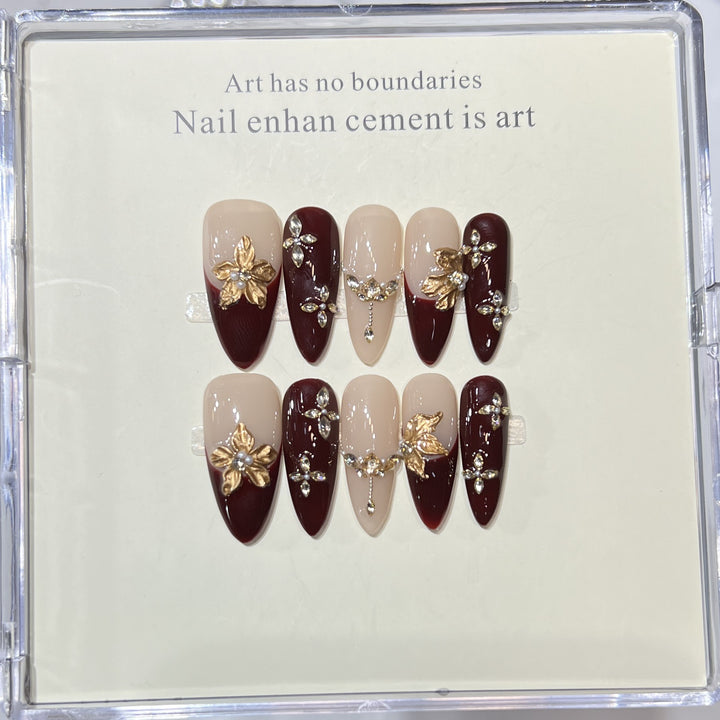 Premium Press-On Nail Art Set mit elegantem Herz- und Blattdesign Karnz