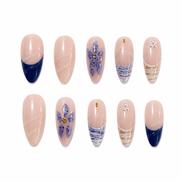 Künstlerisches Blumen- und geometrisches Press-On-Nagelset Karnz