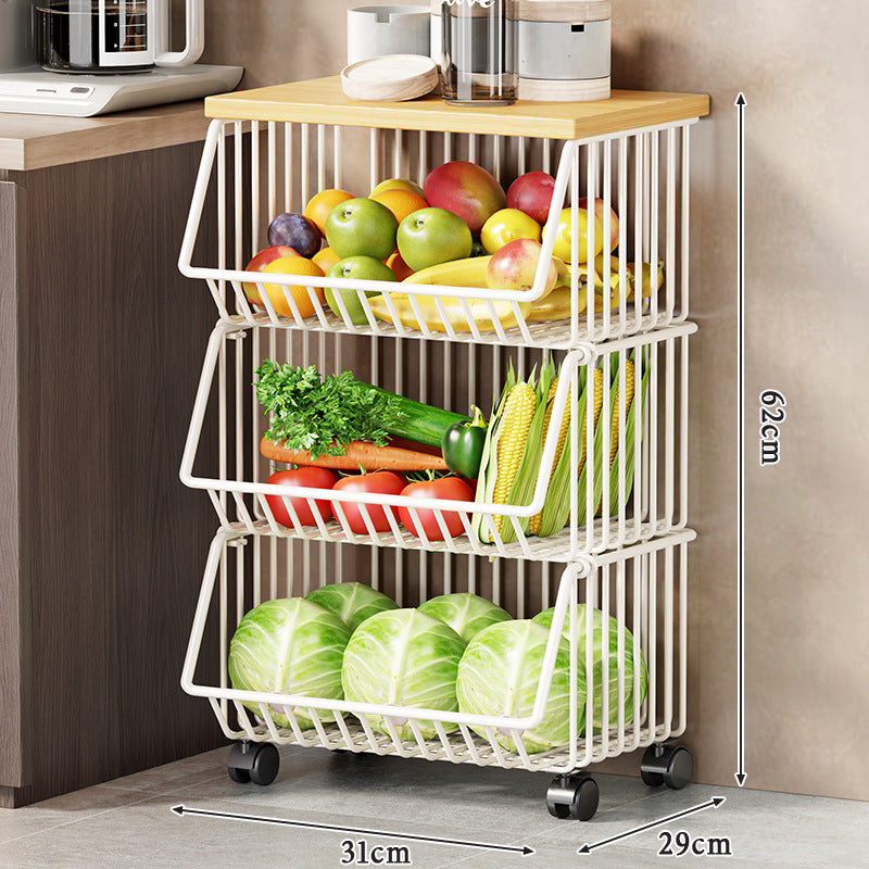 Multi-Ebenen Rollen Kücheneinkaufswagen für Obst und Gemüse mit Holzoberfläche
