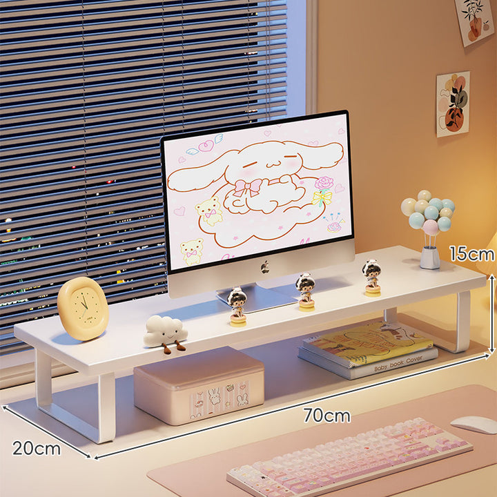 Kompakte Holz-Desktop-Monitorerhöhung mit Metallbeinen und unterer Ablagefläche