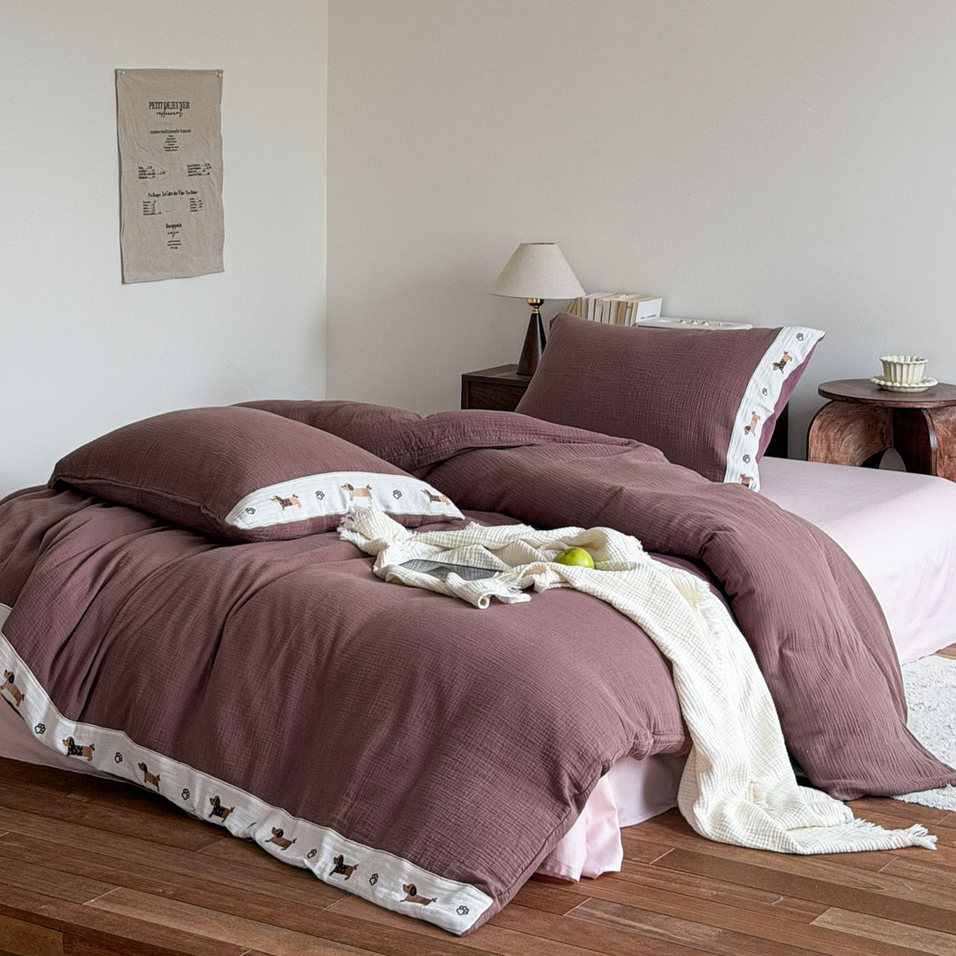 Bettwäsche-Set aus Musselin mit besticktem Dackelrand