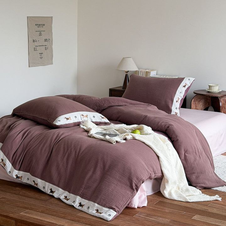 Bettwäsche-Set aus Musselin mit besticktem Dackelrand
