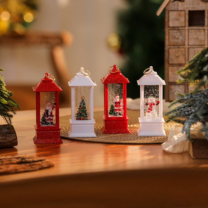 Beleuchtete Weihnachtslaterne mit glitzerndem Schneemann-Szenario Karnz