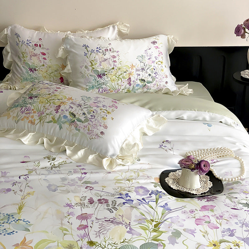 Blumige Baumwollsatin Rüschende Bettwäsche Set
