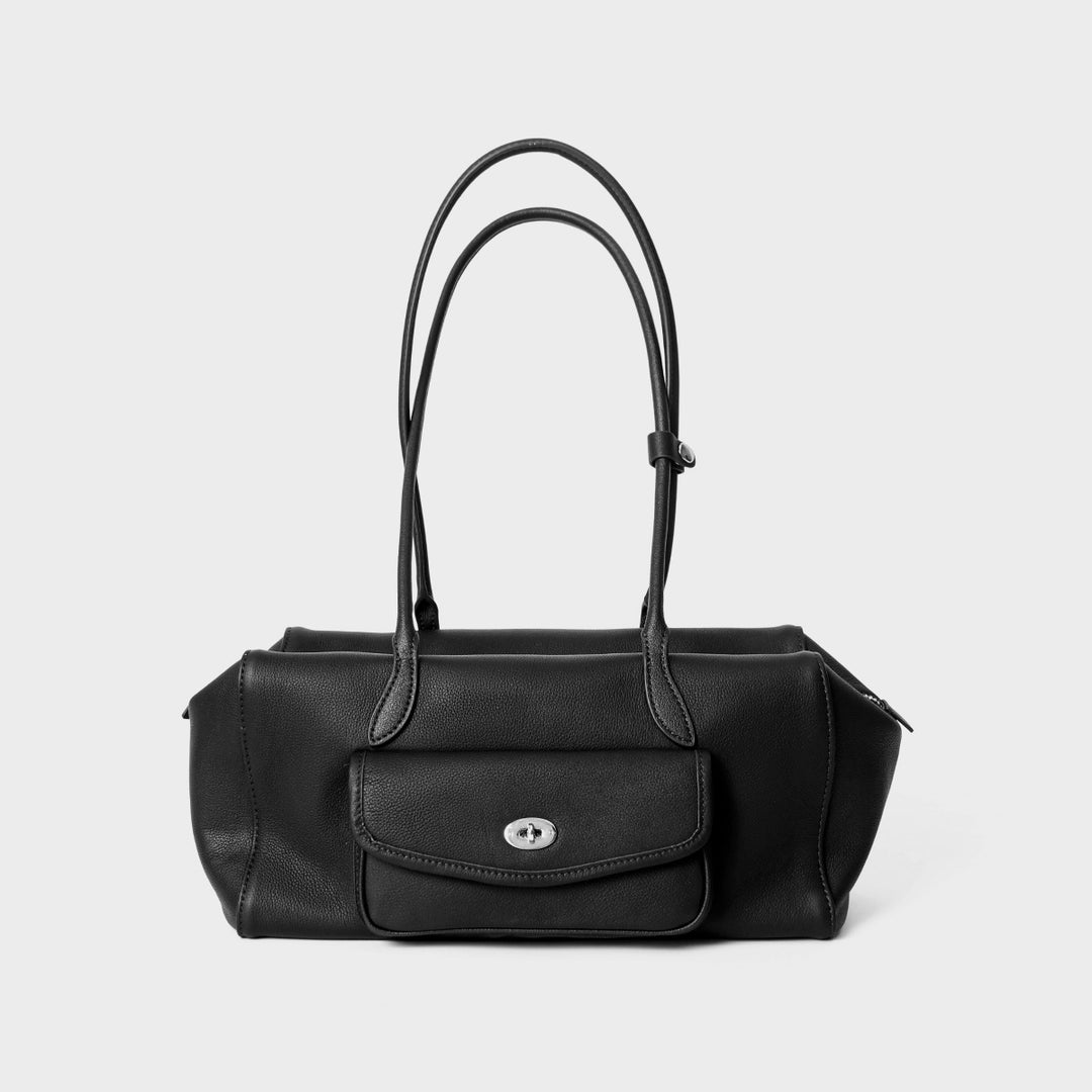 Strukturierte Barrel-Tote mit Front-Drehverschluss-Tasche und doppelten Schulterriemen