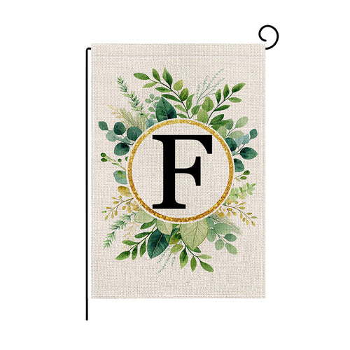 Monogram Gartenflagge Leinen-Textur Botanischer Kranz Jute-Stil Dekoratives Gartenbanner