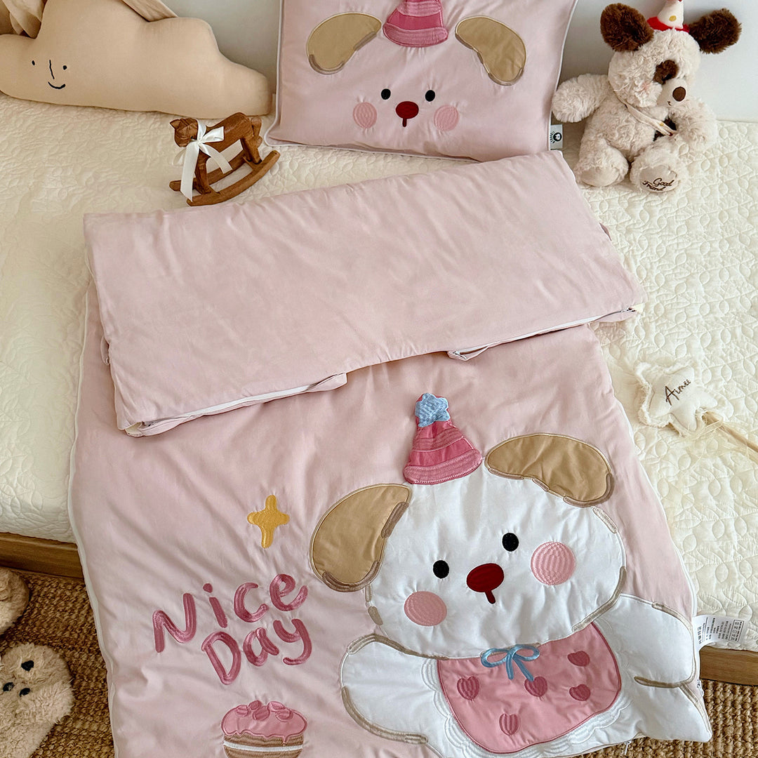 Kinder-Schlafsack und Kissenbezug-Set mit gesteppter Applikation Hundemotiv