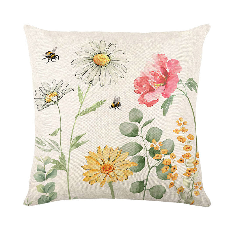 Quadratisches Baumwoll-Leinen-Wurfkissenbezug mit Aquarell-Gänseblümchen Bienenillustration & 'Home Sweet Home' Schriftzug