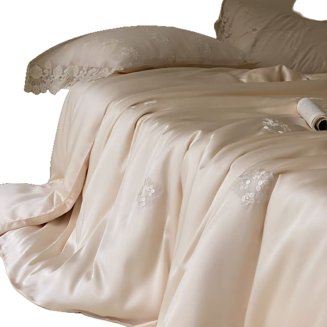 Bestickte Satin Bettwäsche Set mit Spitzenbesatz Kissenbezügen