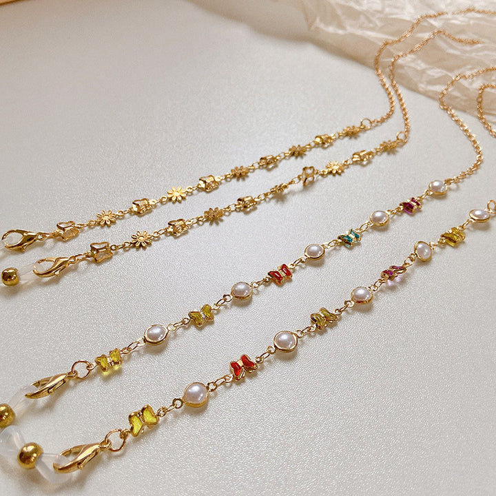 Stilisierte Brillenhalterkette mit Bunten Kristallen Karnz