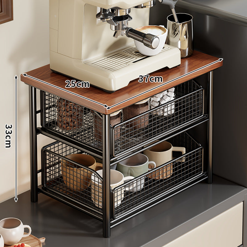 Kompakte Zwei-Ebenen-Countertop-Kaffee-Station-Organizer mit Holzoberfläche und herausziehbaren Drahtgitterkörben