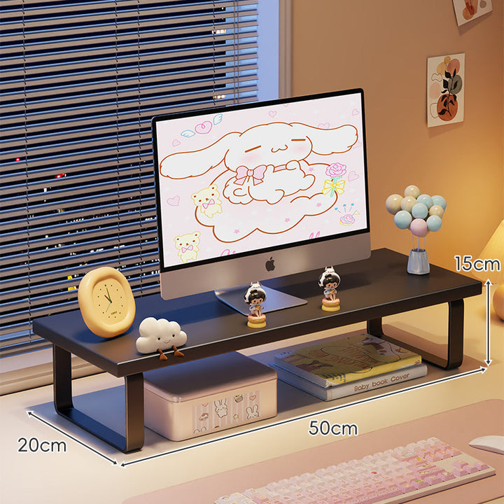 Kompakte Holz-Desktop-Monitorerhöhung mit Metallbeinen und unterer Ablagefläche