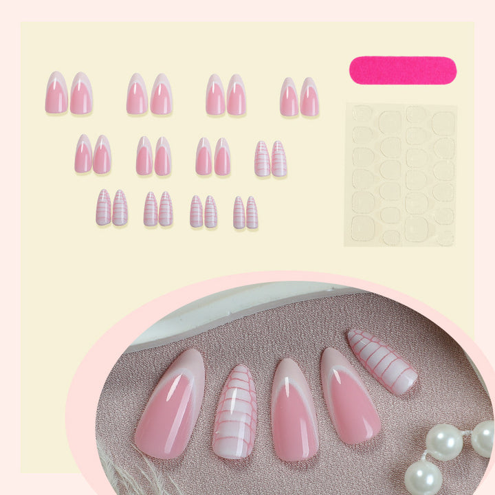 Elegante mandelförmige Press-On-Nagelset mit gestreiftem und einfarbigem Design Karnz