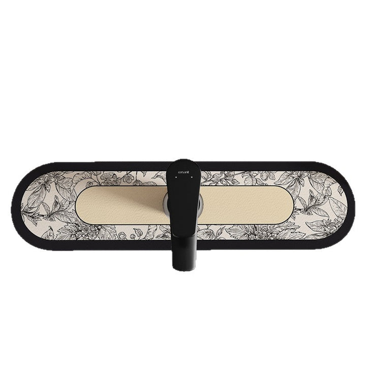 Decorative Oval Silicone Faucet Splash Guard Mat with Floral Engraved Print and Non-Slip Backing