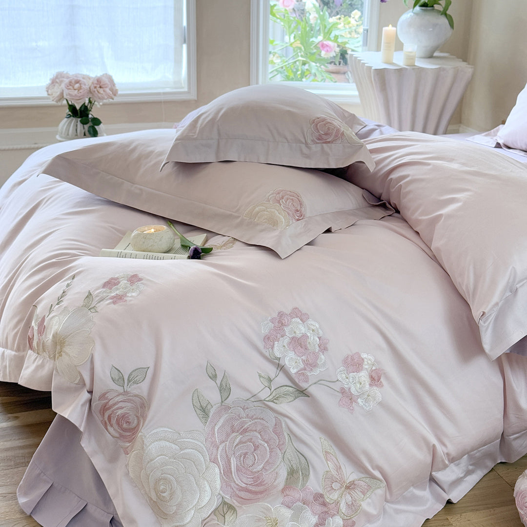 luxuriöses Baumwollsatin Bettwäsche-Set mit floraler Stickerei