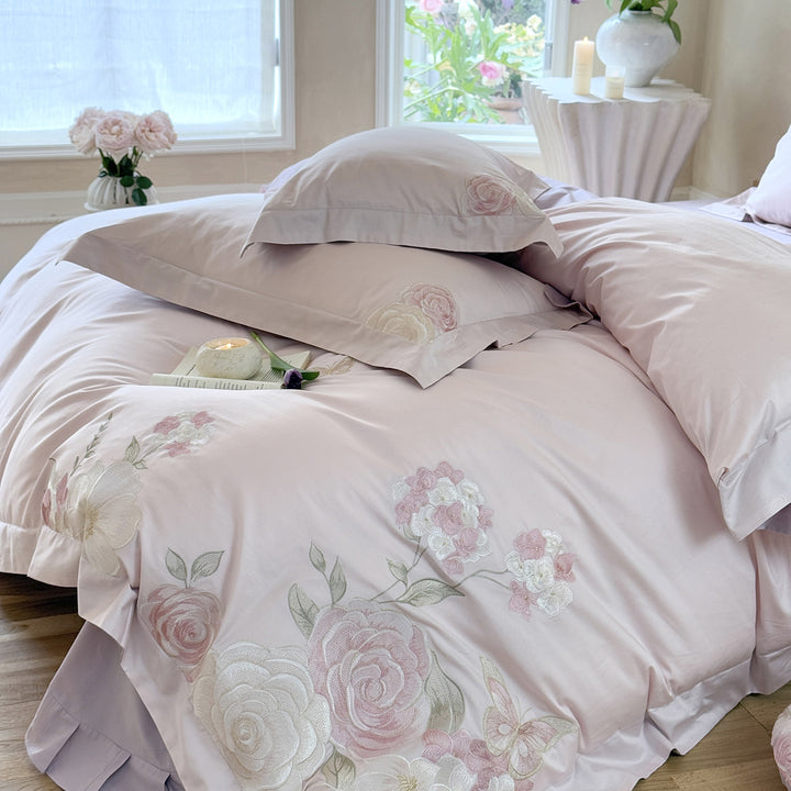 luxuriöses Baumwollsatin Bettwäsche-Set mit floraler Stickerei